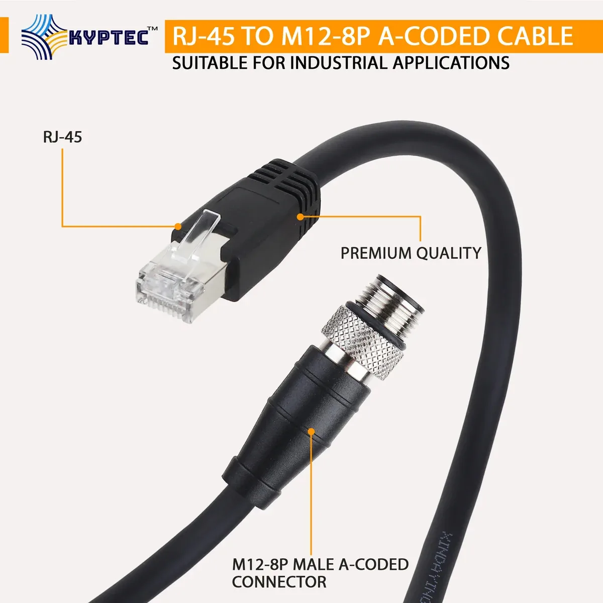 RJ-45 to M12 8-Pin A-Coded Industrial Camera Cable, CAT 6 – Kyptec Automation® - image 1