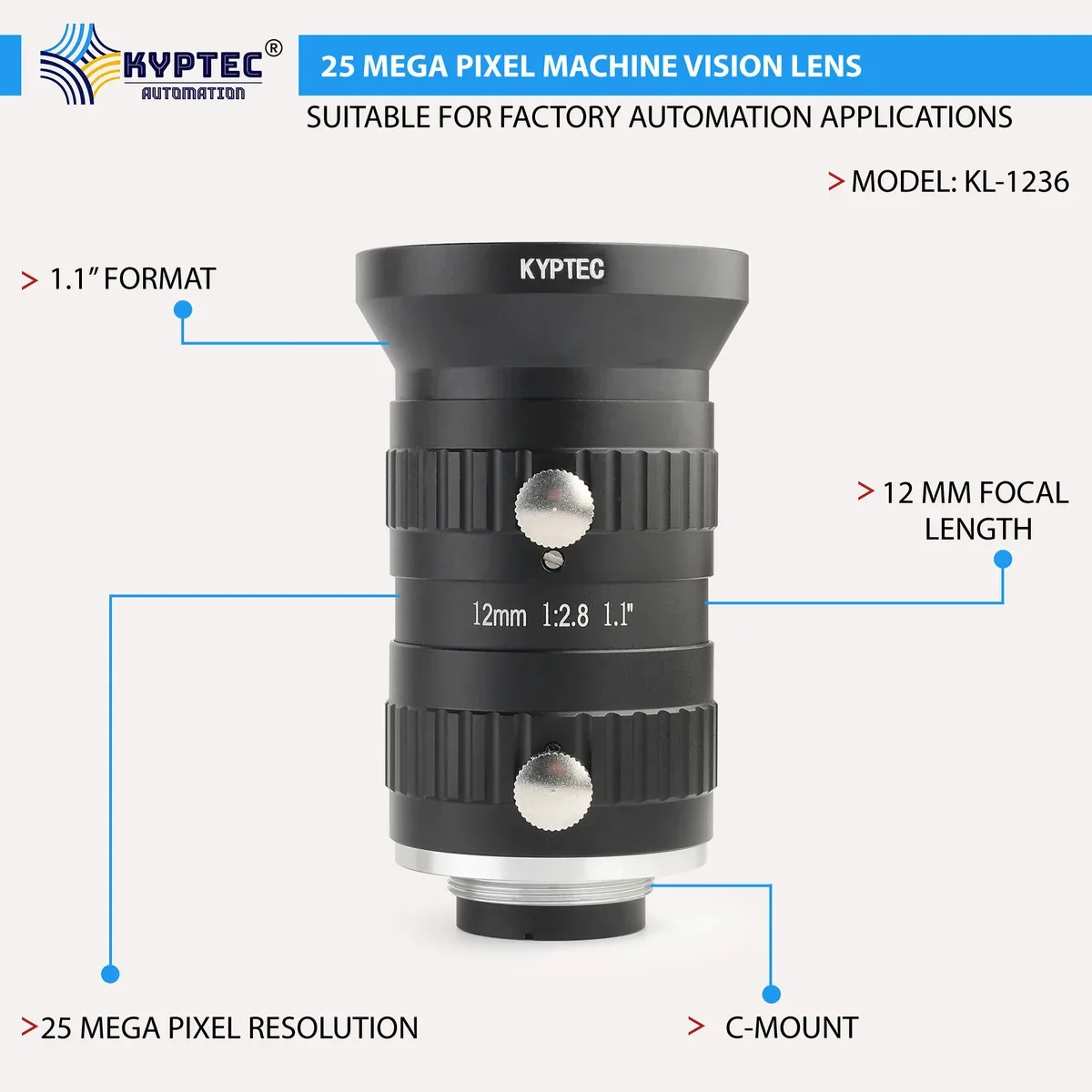 12 MM 25 MP Wide-Angle Machine Vision Lens for 1.1-Inch Industrial Cameras | C-Mount. - image 1