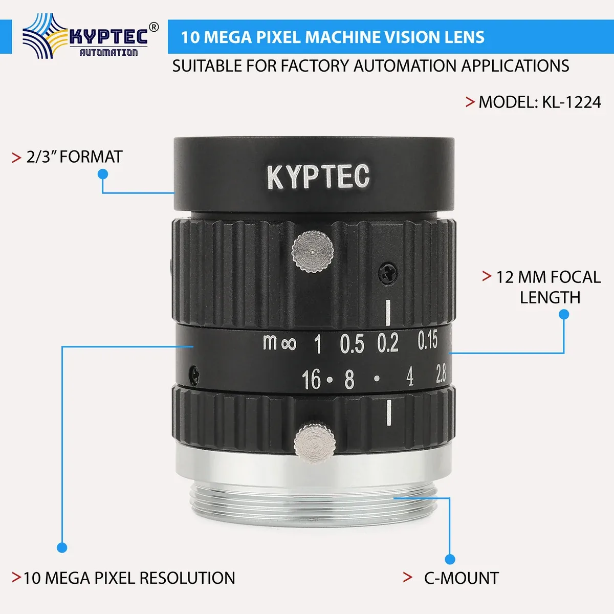 12 MM 10 MP Wide-Angle Machine Vision Lens for 2/3-Inch Industrial Cameras . - image 1