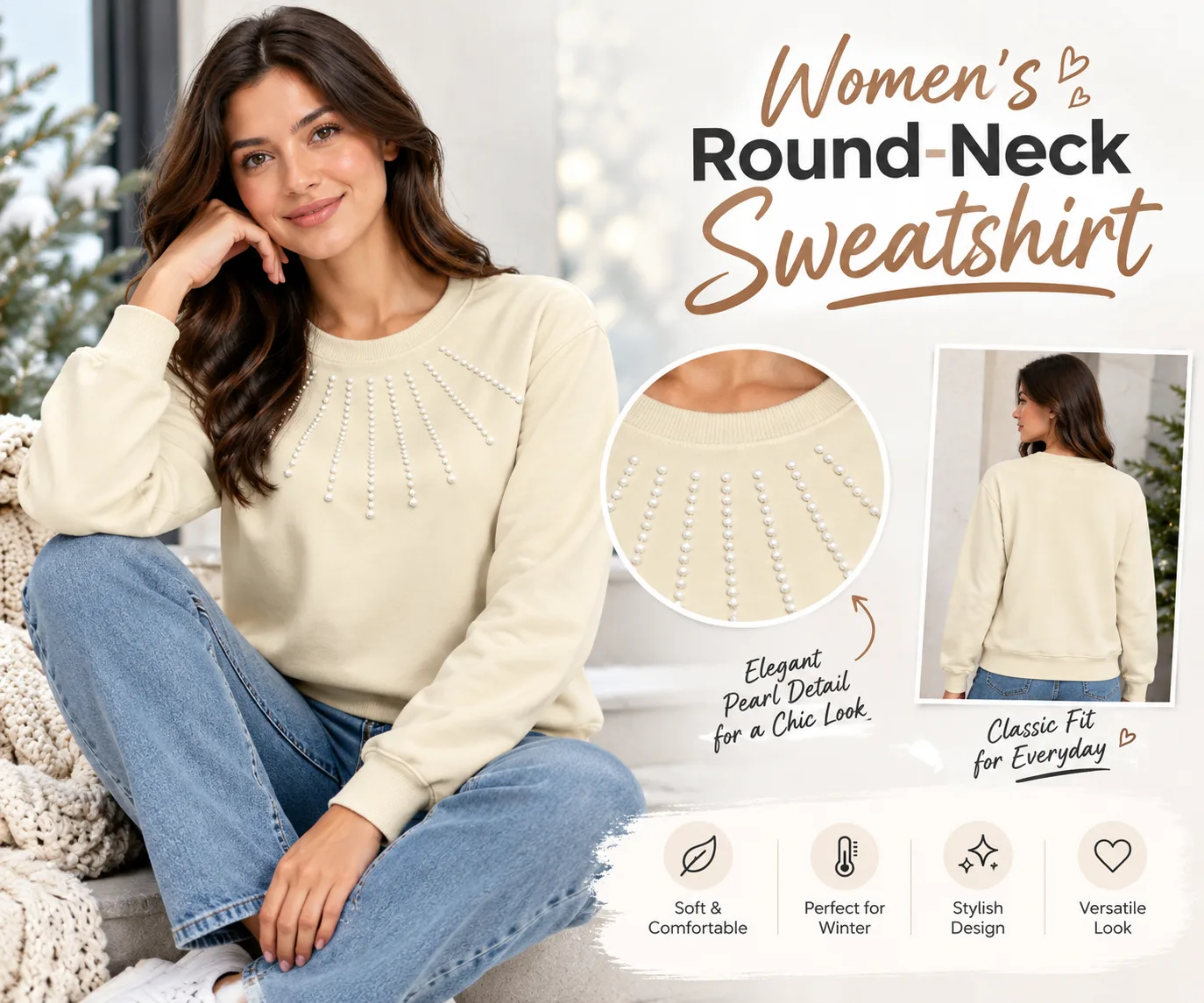 White women's round-neck sweatshirt in relaxed fleece fabric - image 1